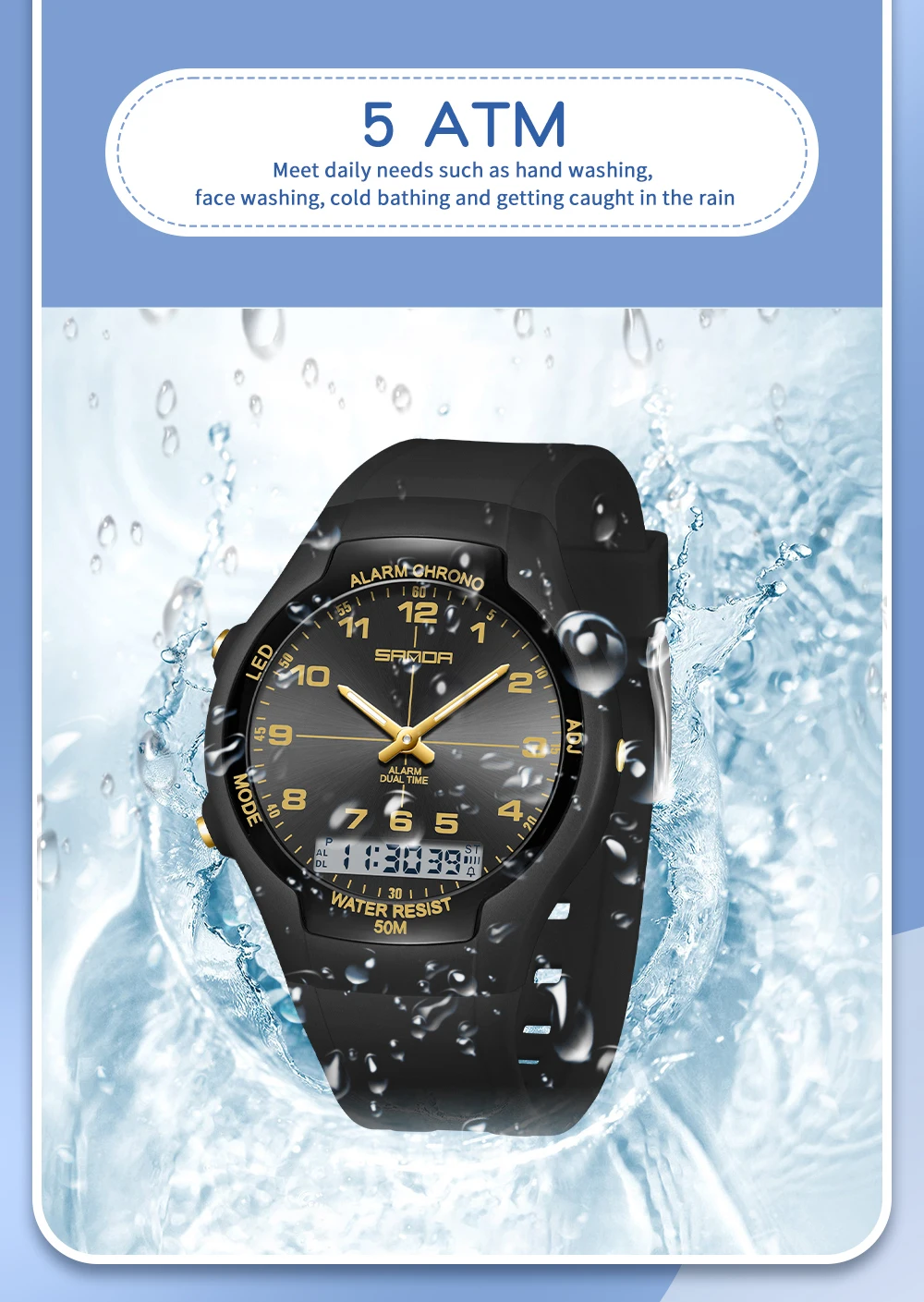 SANDA6320 New Dual Display Electronic Watch Fashion Waterproof Women's Watch Night Light Student Quartz Sports Watch Men's Clock