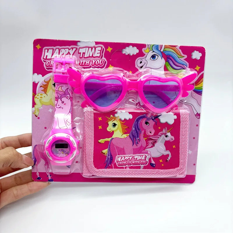 Fashion 3ps Unicorn Hello Kitty Girls Watch Kids with Wallet Glasses Cartoon Spiderman Watch Children Clock Toys set
