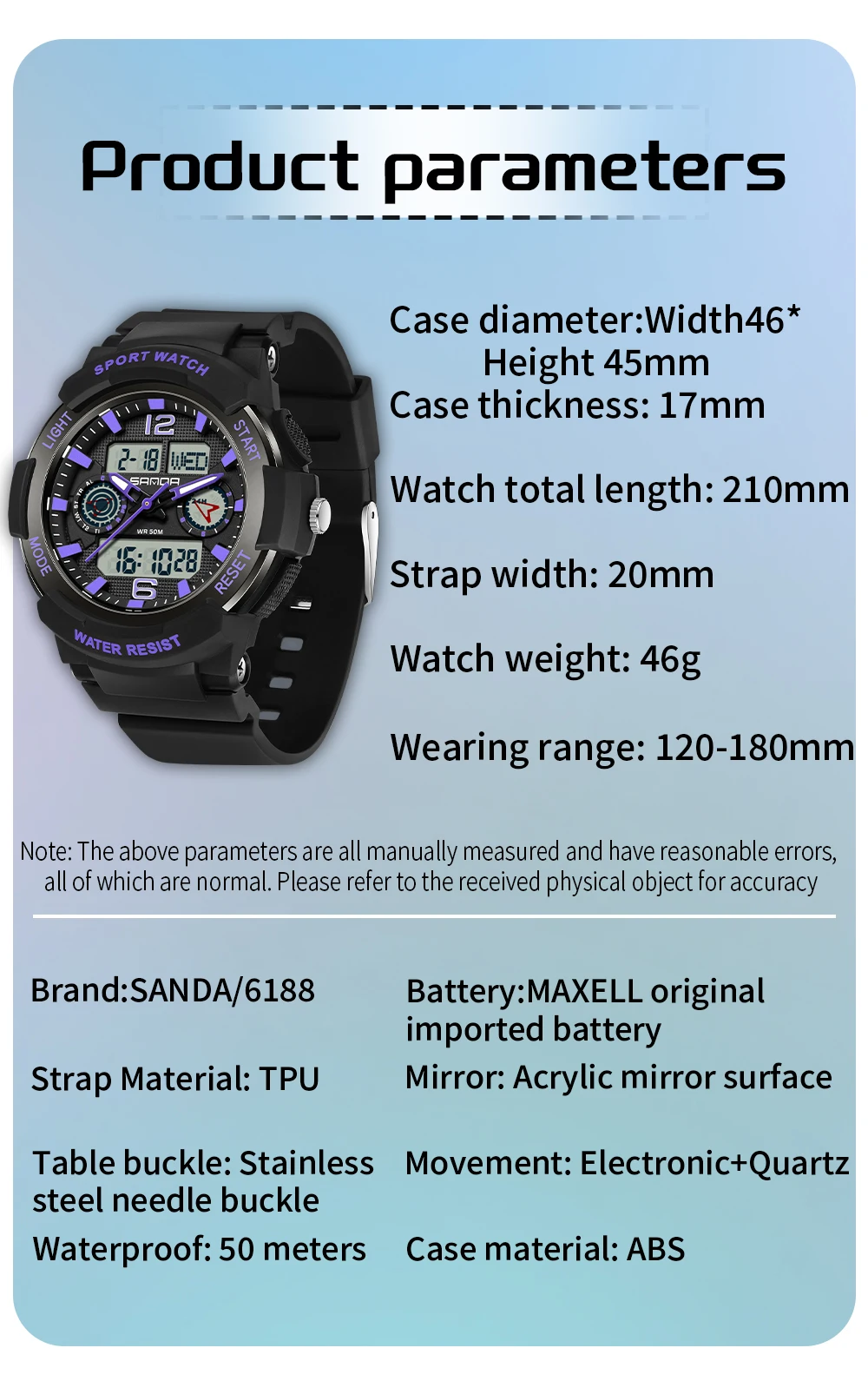 SANDA New 6188 Fashion Multi Functional Student Sports Waterproof Multi Functional Quartz Electronic Men's and Women's Watch