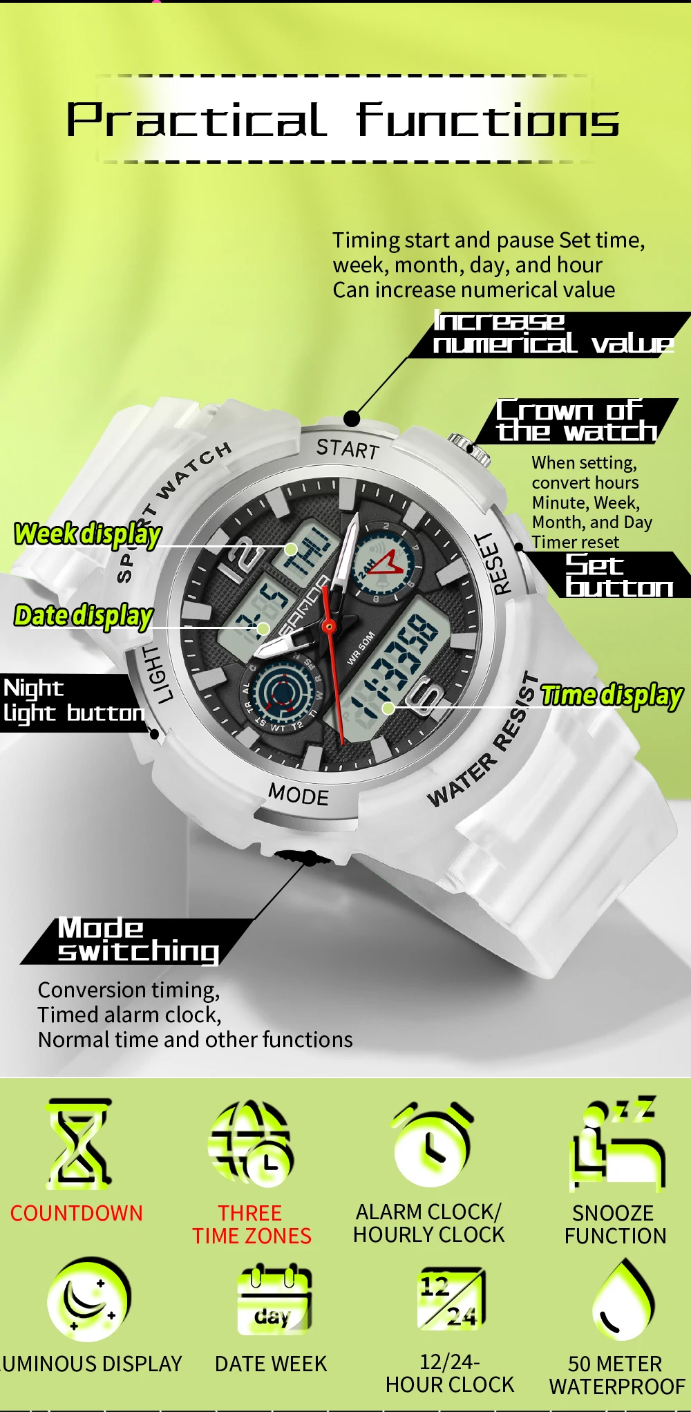SANDA New 6188 Fashion Multi Functional Student Sports Waterproof Multi Functional Quartz Electronic Men's and Women's Watch