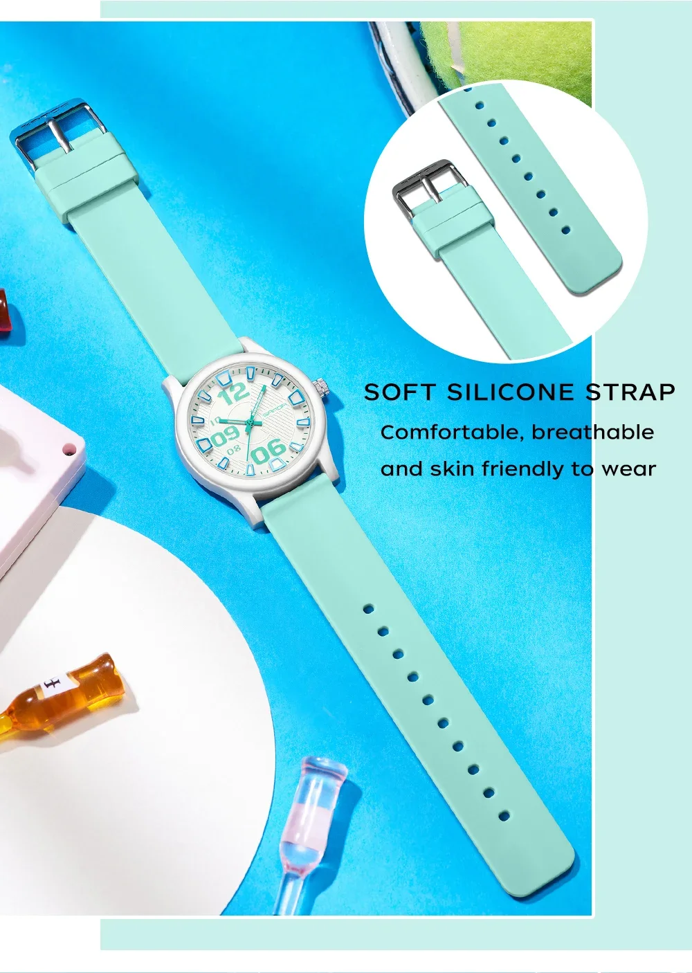 SANDA 3252 Popular Student Quartz Watch Fashionable And Simple Waterproof Silicone Tape Children's Quartz Watch 2024