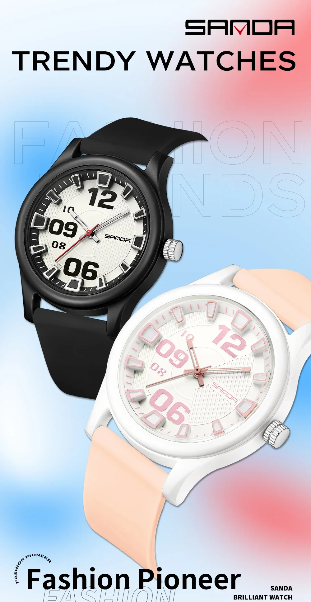 SANDA 3252 Popular Student Quartz Watch Fashionable And Simple Waterproof Silicone Tape Children's Quartz Watch 2024