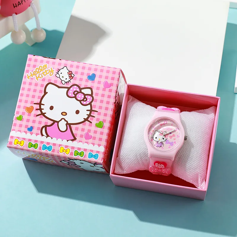 3D Hello Kitty Children's Watches with box Cinnamoroll Kuromi Melody Girls Watch Anime Action Figures Model Toys Kid Clock Gift