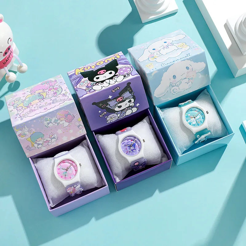 3D Hello Kitty Children's Watches with box Cinnamoroll Kuromi Melody Girls Watch Anime Action Figures Model Toys Kid Clock Gift