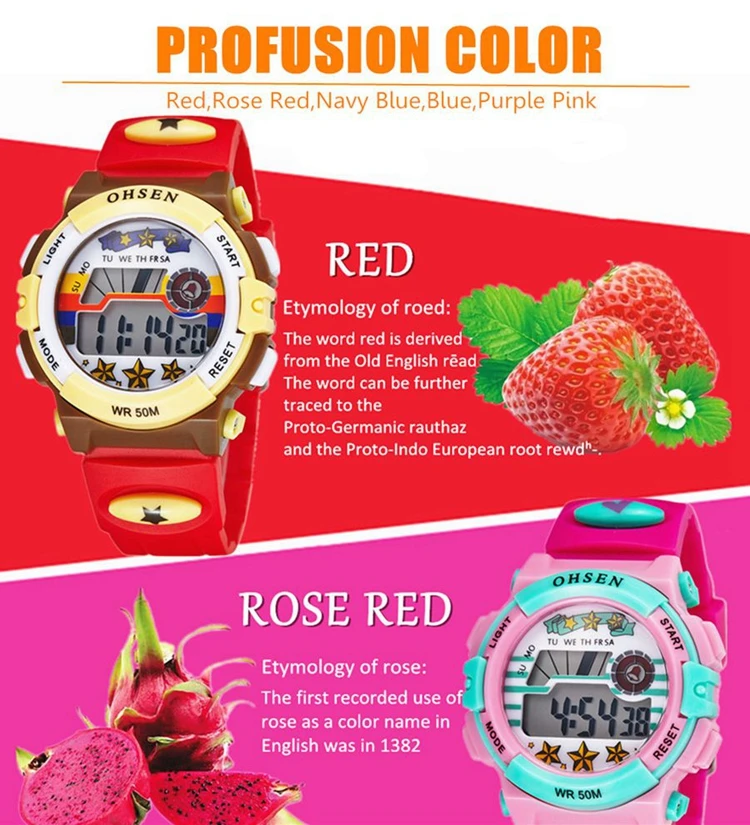 OHSEN Kids Sport Watches 50M Waterproof Red Cartoon Digital Wristwatch Stopwatch Electronic LED Children Watch For Boys Girls