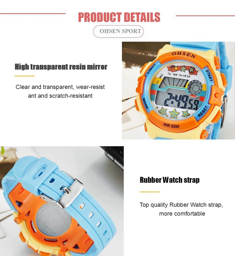 OHSEN Kids Sport Watches 50M Waterproof Red Cartoon Digital Wristwatch Stopwatch Electronic LED Children Watch For Boys Girls
