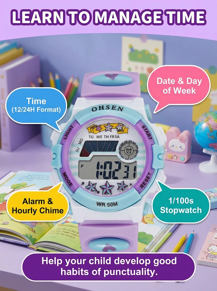 OHSEN Kids Sport Watches 50M Waterproof Red Cartoon Digital Wristwatch Stopwatch Electronic LED Children Watch For Boys Girls
