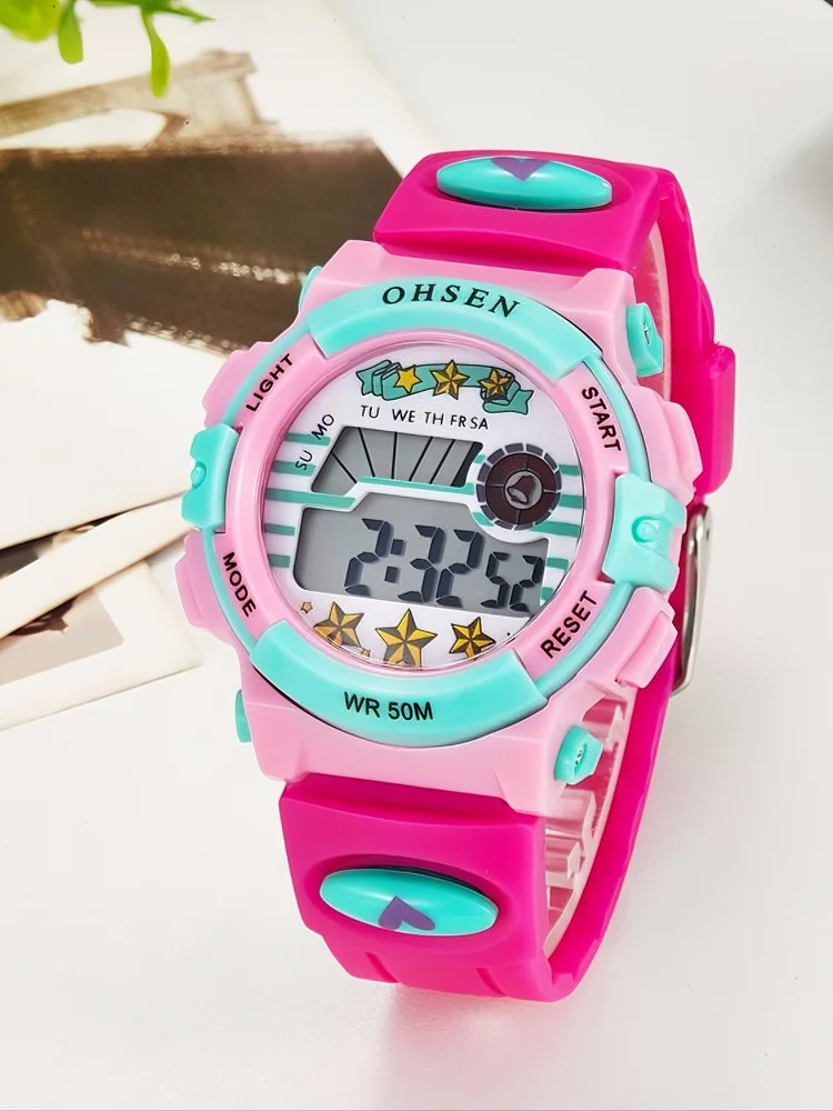 OHSEN Kids Sport Watches 50M Waterproof Red Cartoon Digital Wristwatch Stopwatch Electronic LED Children Watch For Boys Girls