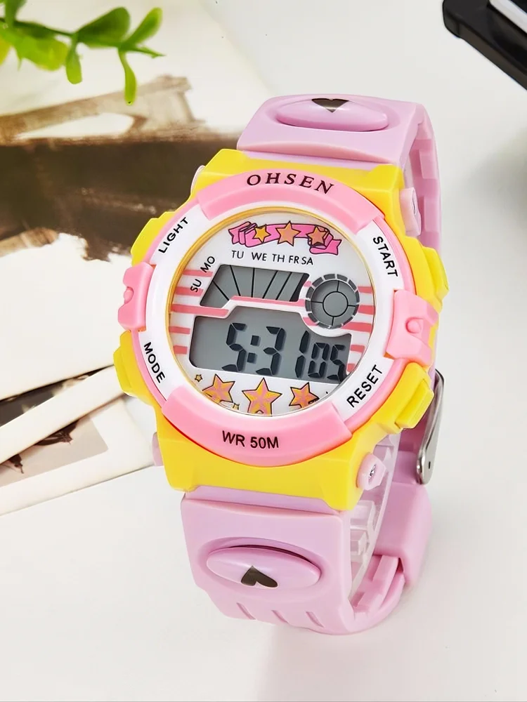 OHSEN Kids Sport Watches 50M Waterproof Red Cartoon Digital Wristwatch Stopwatch Electronic LED Children Watch For Boys Girls