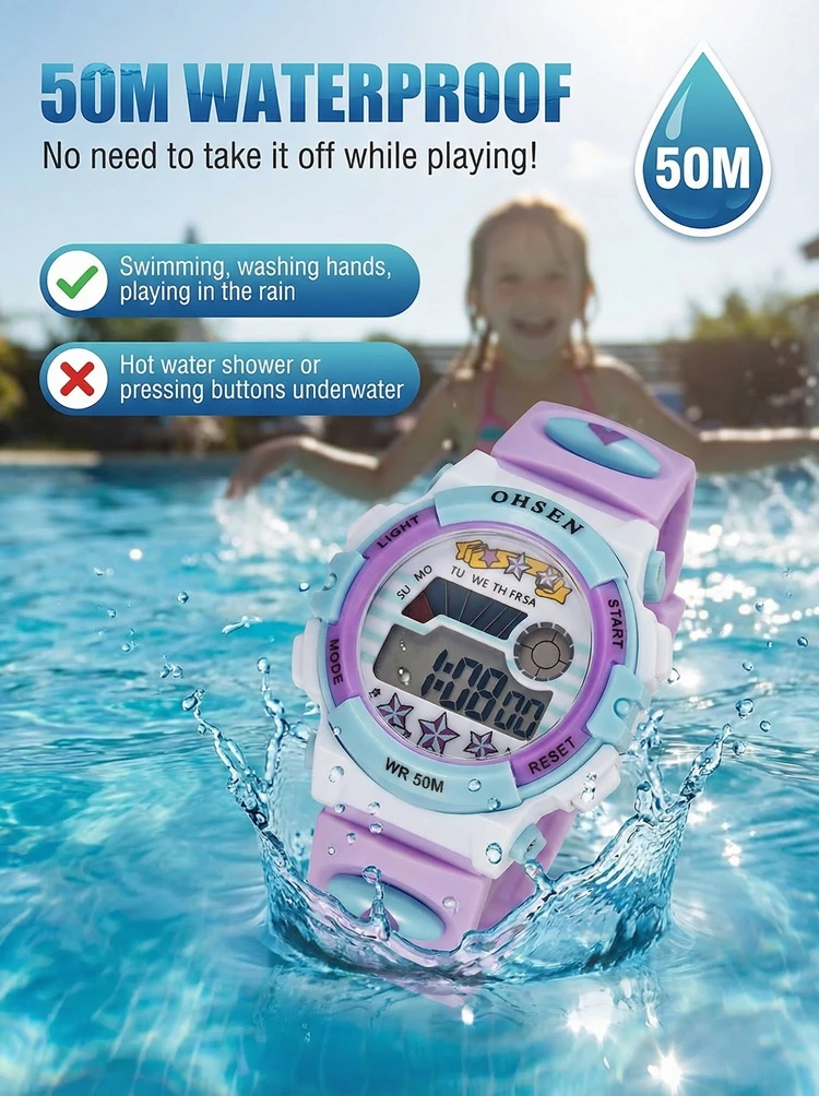OHSEN Kids Sport Watches 50M Waterproof Red Cartoon Digital Wristwatch Stopwatch Electronic LED Children Watch For Boys Girls