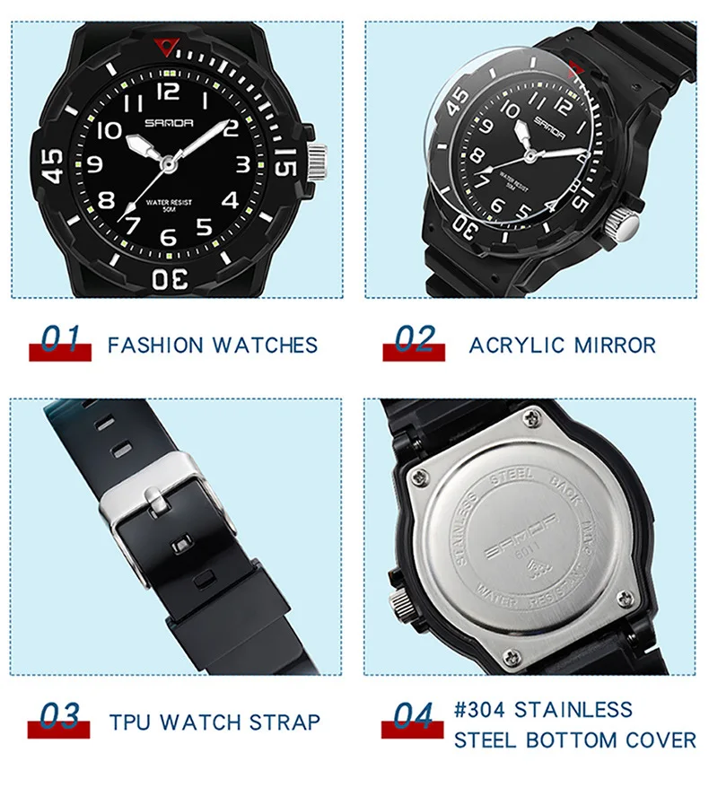 UTHAI Student Watch Fashion Trend Outdoor Sports Fresh 50M Waterproof PU Soft Female Middle School Student Youth Clock Watches