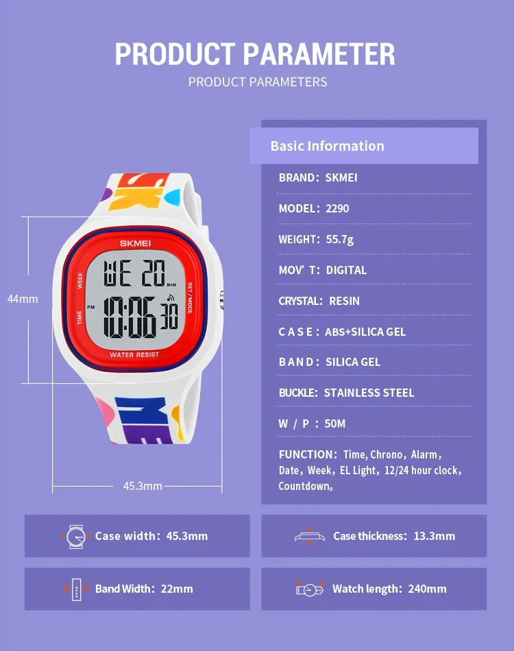 SKMEI 2290 Cool Vitality Stopwatch Digital Sports Watches Male Fashion 5Bar Waterproof Wristwatch For Teenager Boys and Girls