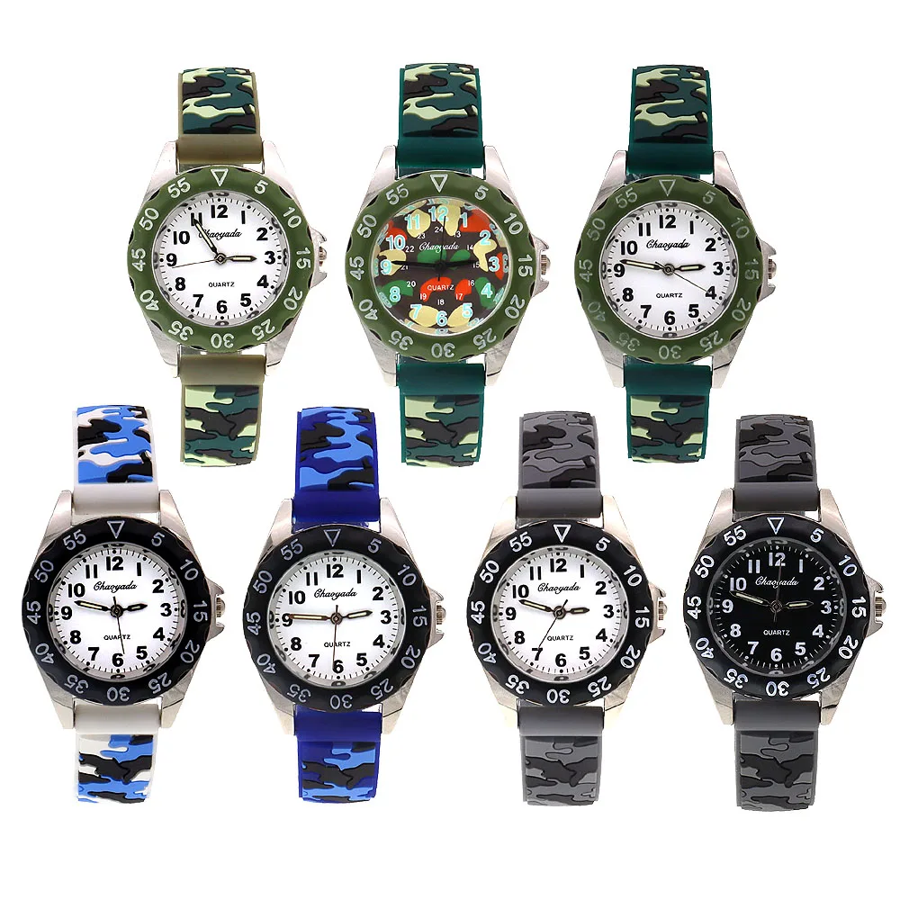 Chaoyada Children Boys Girls Watch Silicone Military Camouflage Strap Quartz Wristwatch Kids Birthday Gifts Students Watches