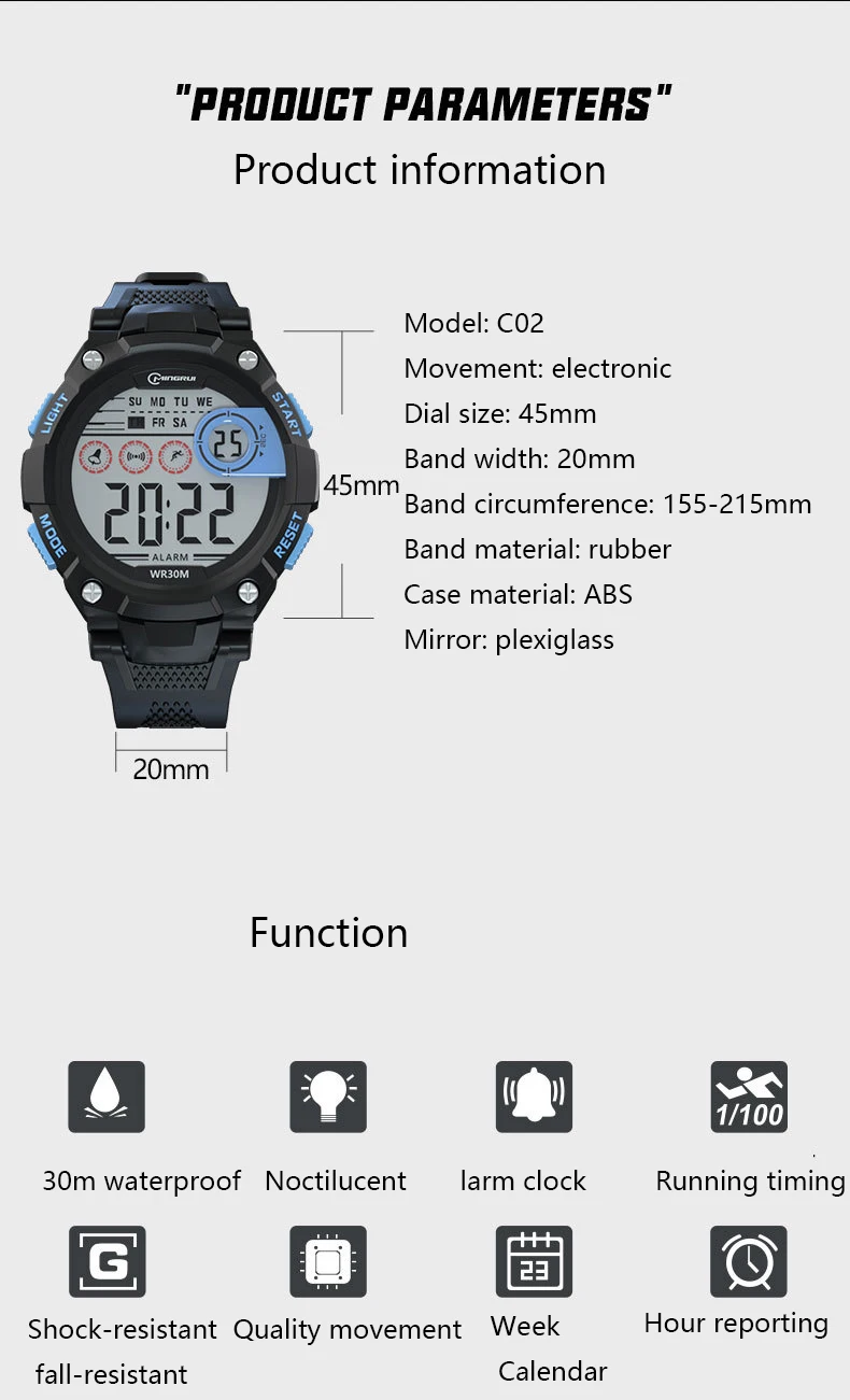 UTHAI Men's Electronic Watch High School Student Sports Watches Waterproof LED Alarm Clock Calendar Kids Digit Smart Wristwatch