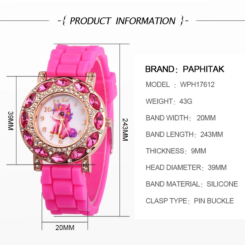 Children's Quartz Watch Korean Fashion For Cartoon Unicorn Pink Silicone Wristwatches 30M Waterproof Girl's Kids's Student Gift
