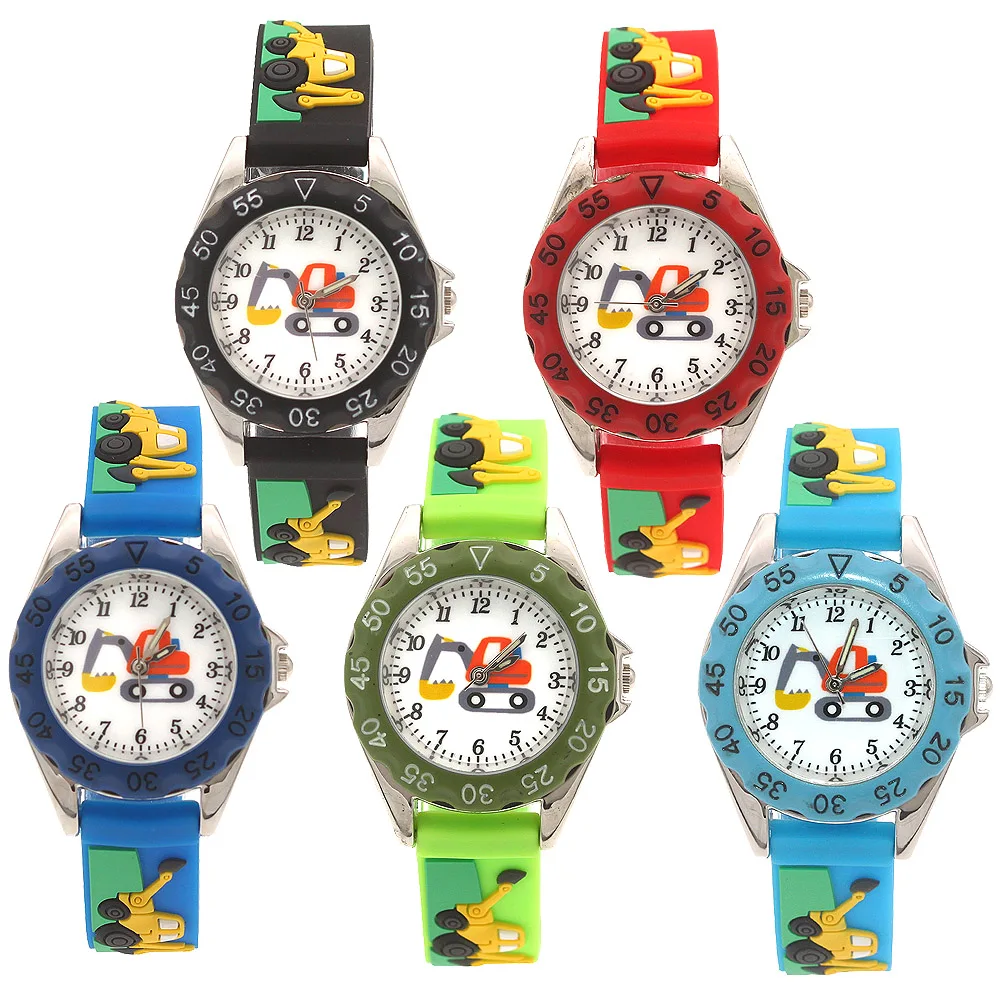 High Quality New Student Children's Cartoon Excavator Silicone Strap Quartz Watches Kids Boys Watch