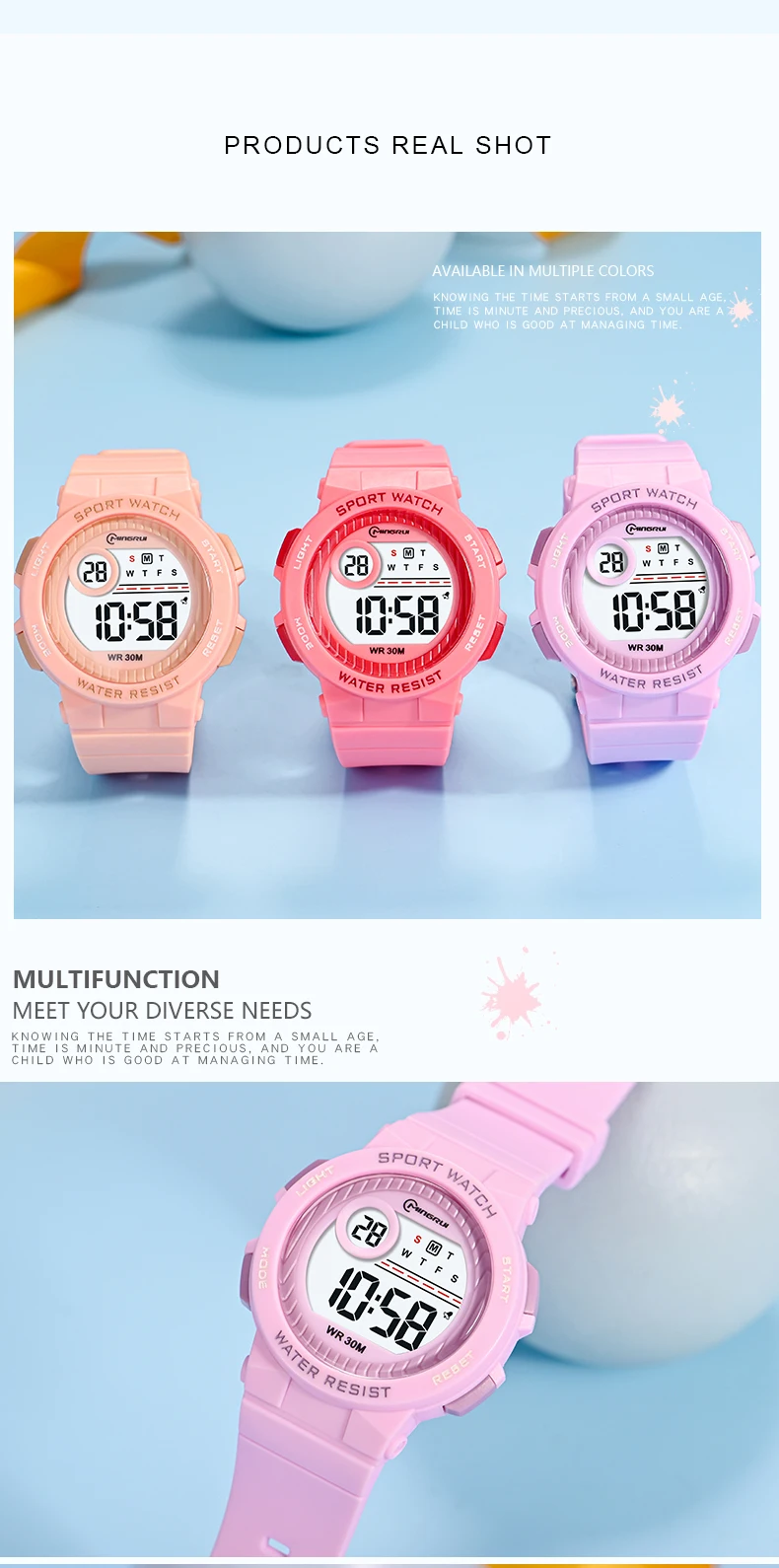 OHSEN Kids Sport Watches 30M Waterproof Pink Silicone Electronic Wristwatch Stopwatch Children Digital Watch For Boys Girls