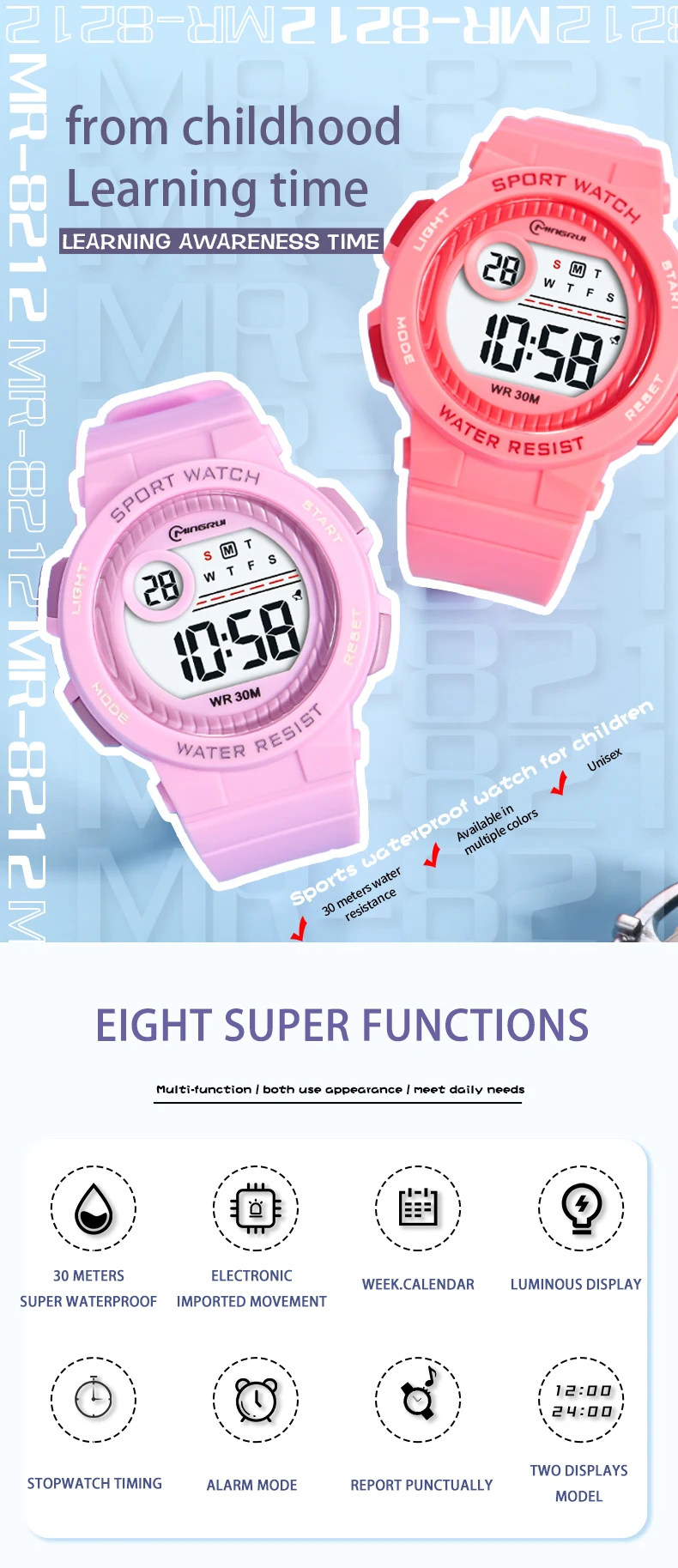 OHSEN Kids Sport Watches 30M Waterproof Pink Silicone Electronic Wristwatch Stopwatch Children Digital Watch For Boys Girls