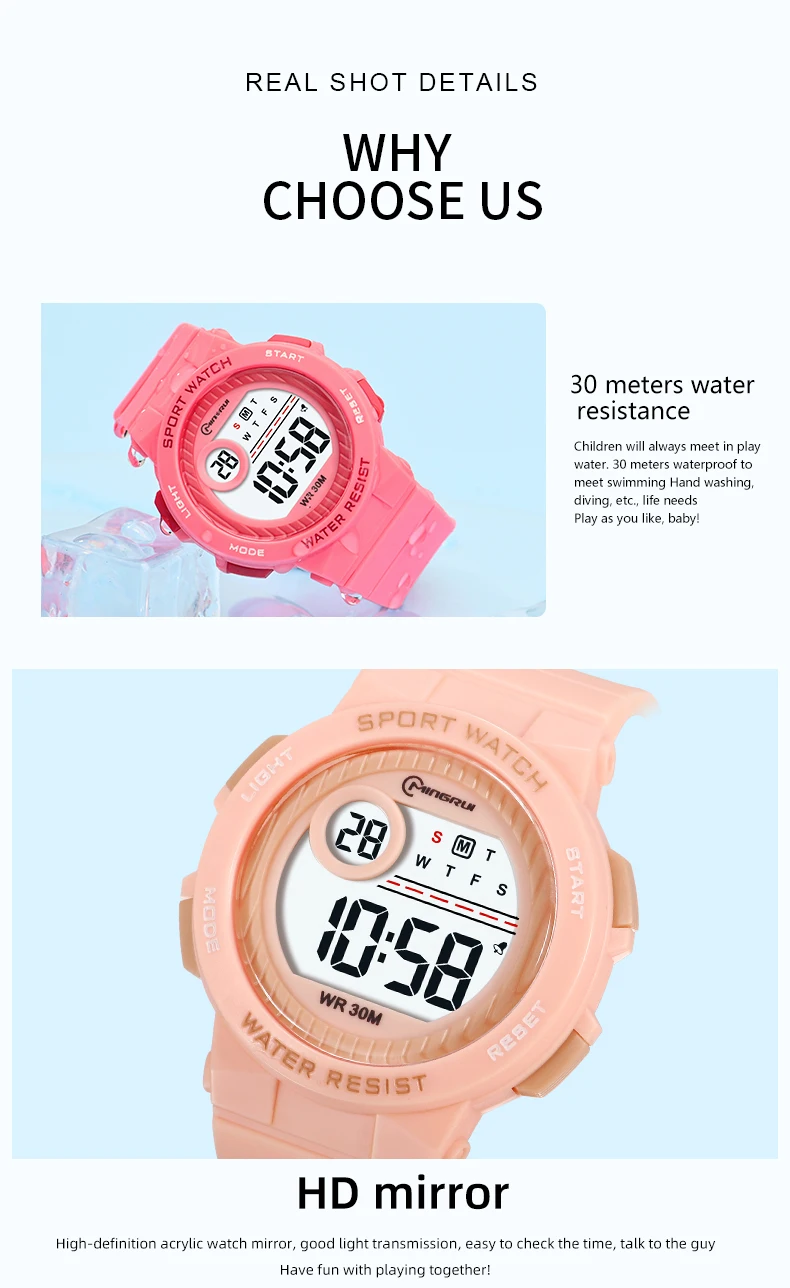 OHSEN Kids Sport Watches 30M Waterproof Pink Silicone Electronic Wristwatch Stopwatch Children Digital Watch For Boys Girls