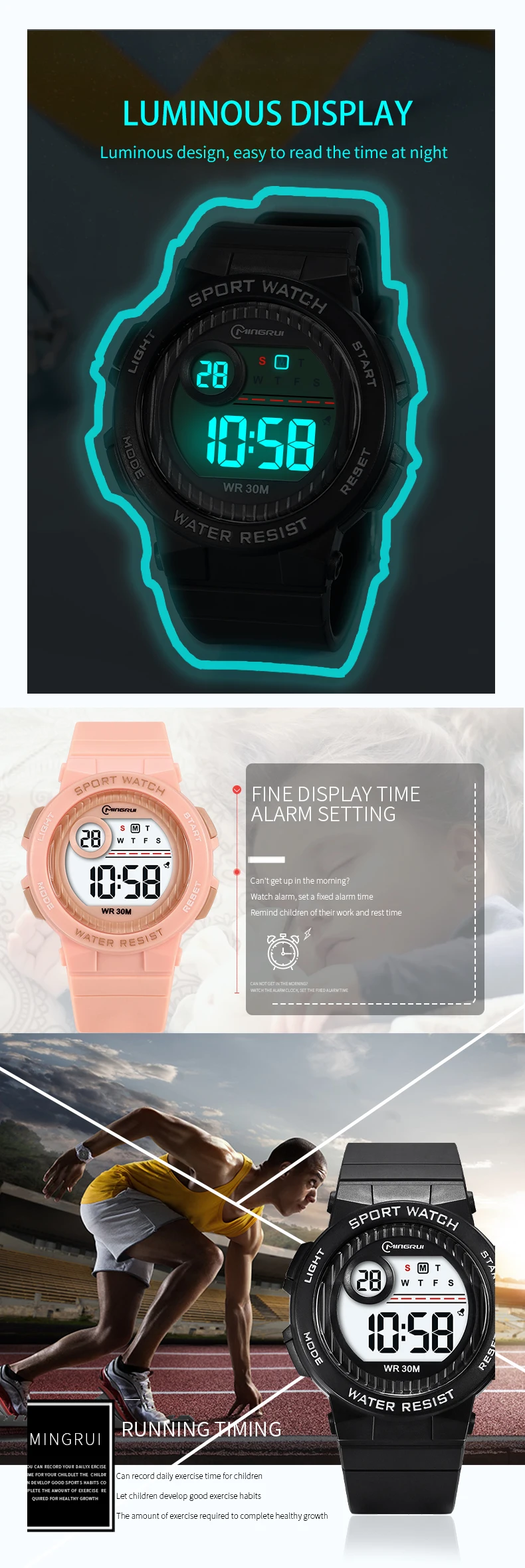 OHSEN Kids Sport Watches 30M Waterproof Pink Silicone Electronic Wristwatch Stopwatch Children Digital Watch For Boys Girls