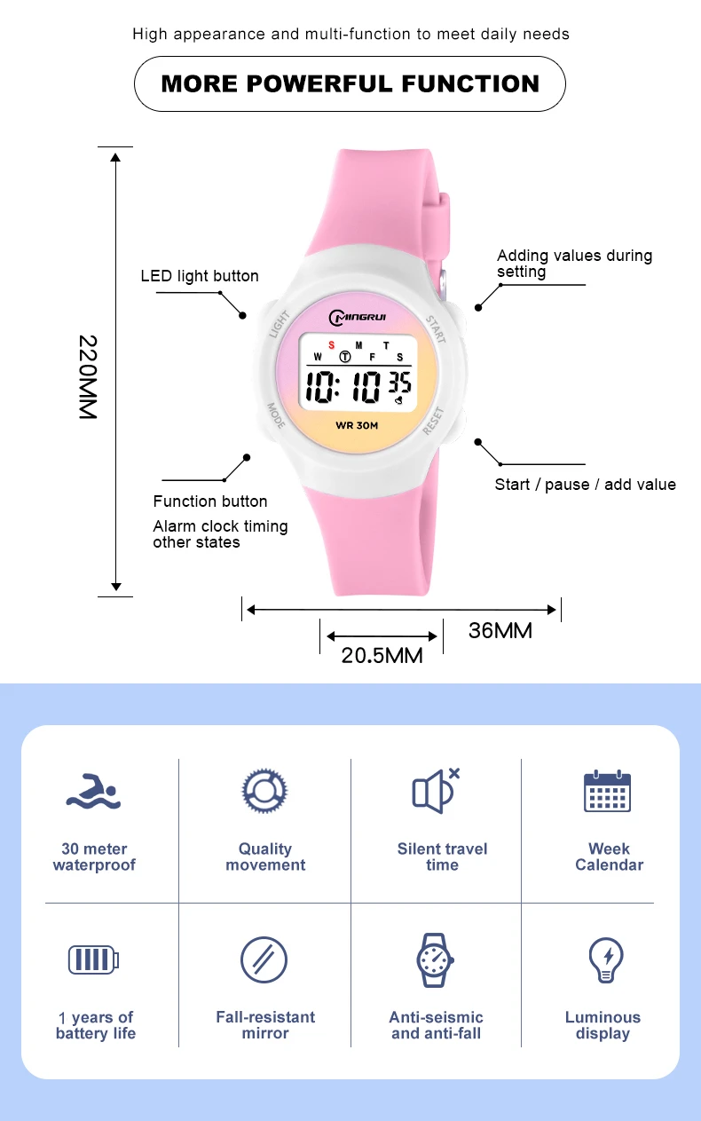 Kids Sport Watches Alarm Stopwatch Children Digital Watch For Boys Girls 30M Waterproof Pink Student Electronic Wristwatch