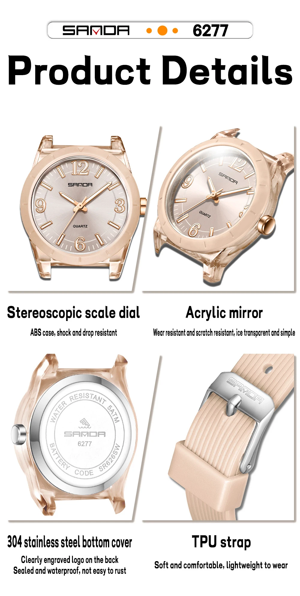 Fashion SANDA 6277 Student Quartz Watch Silicone Strap Multi Functional Sports Waterproof Student Quartz Watch