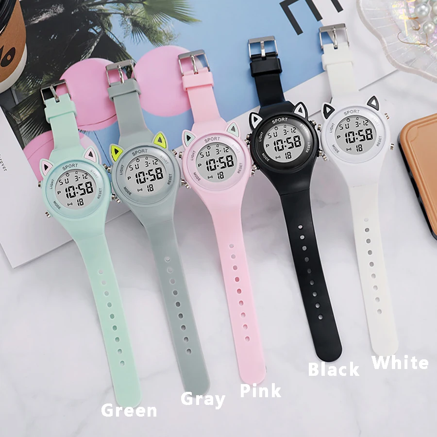 Children Student Electronic Watches for Girls and Boys Cute Cat Ear Digital Sport LED Simple Electronic Wrist Watch Kids Relogio