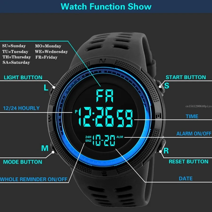 Electronic Watch for men Boys Student Teen Waterproof Alarm Clock Outdoor Sports Watch Multifunction LED Digital Wristwatch Gift