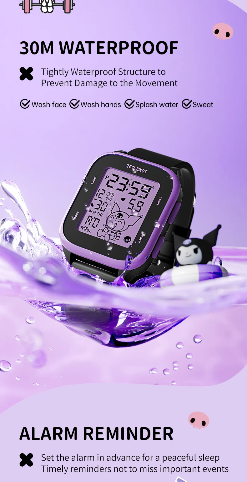ZGO  Sanrio Kuromi Kids digital watch For girls Square Sporty Waterproof Electronic watch Alarm clock Gift 878