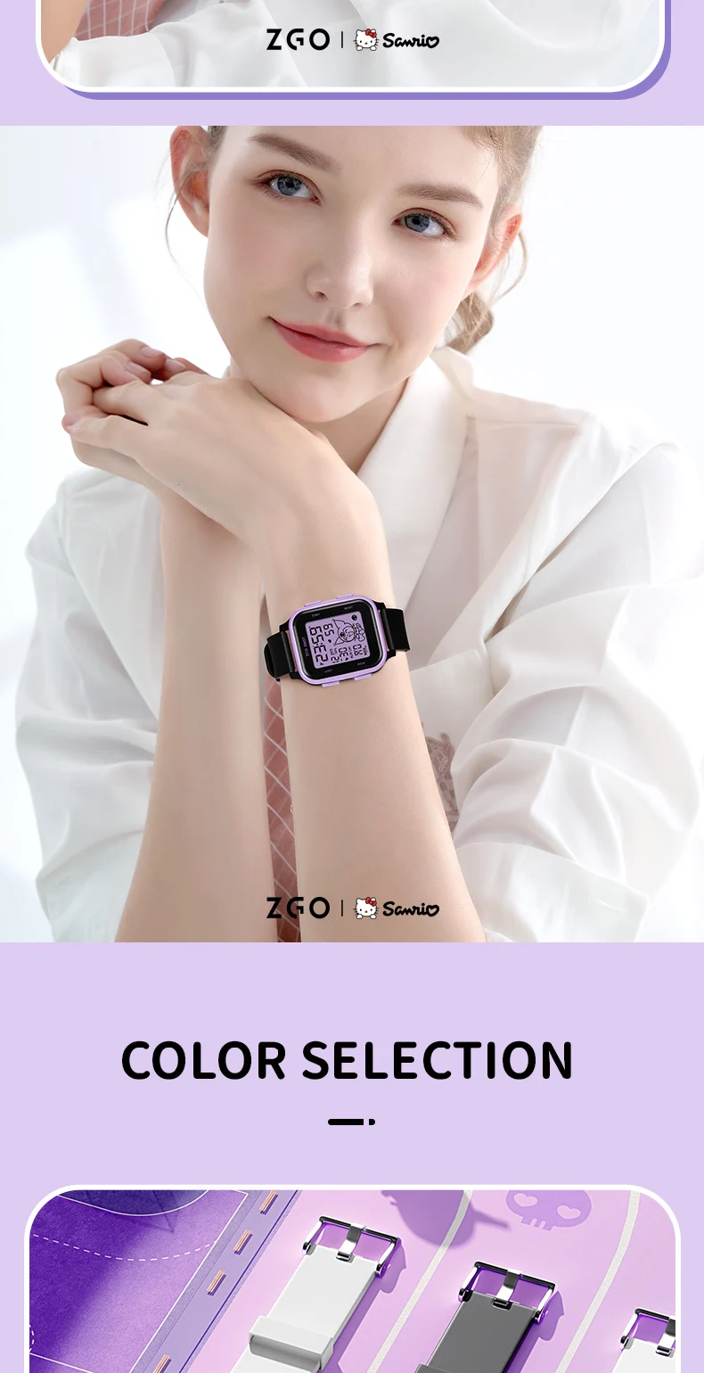 ZGO  Sanrio Kuromi Kids digital watch For girls Square Sporty Waterproof Electronic watch Alarm clock Gift 878