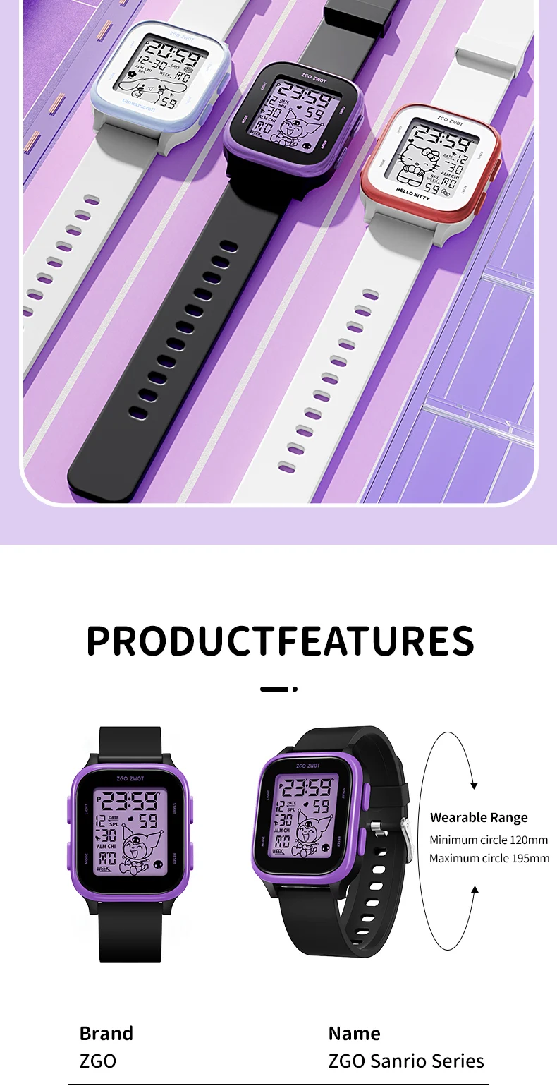 ZGO  Sanrio Kuromi Kids digital watch For girls Square Sporty Waterproof Electronic watch Alarm clock Gift 878