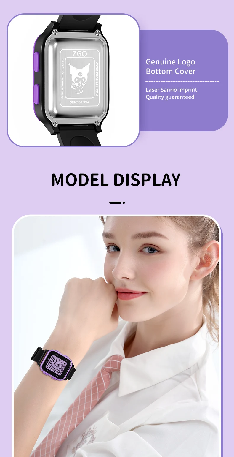 ZGO  Sanrio Kuromi Kids digital watch For girls Square Sporty Waterproof Electronic watch Alarm clock Gift 878