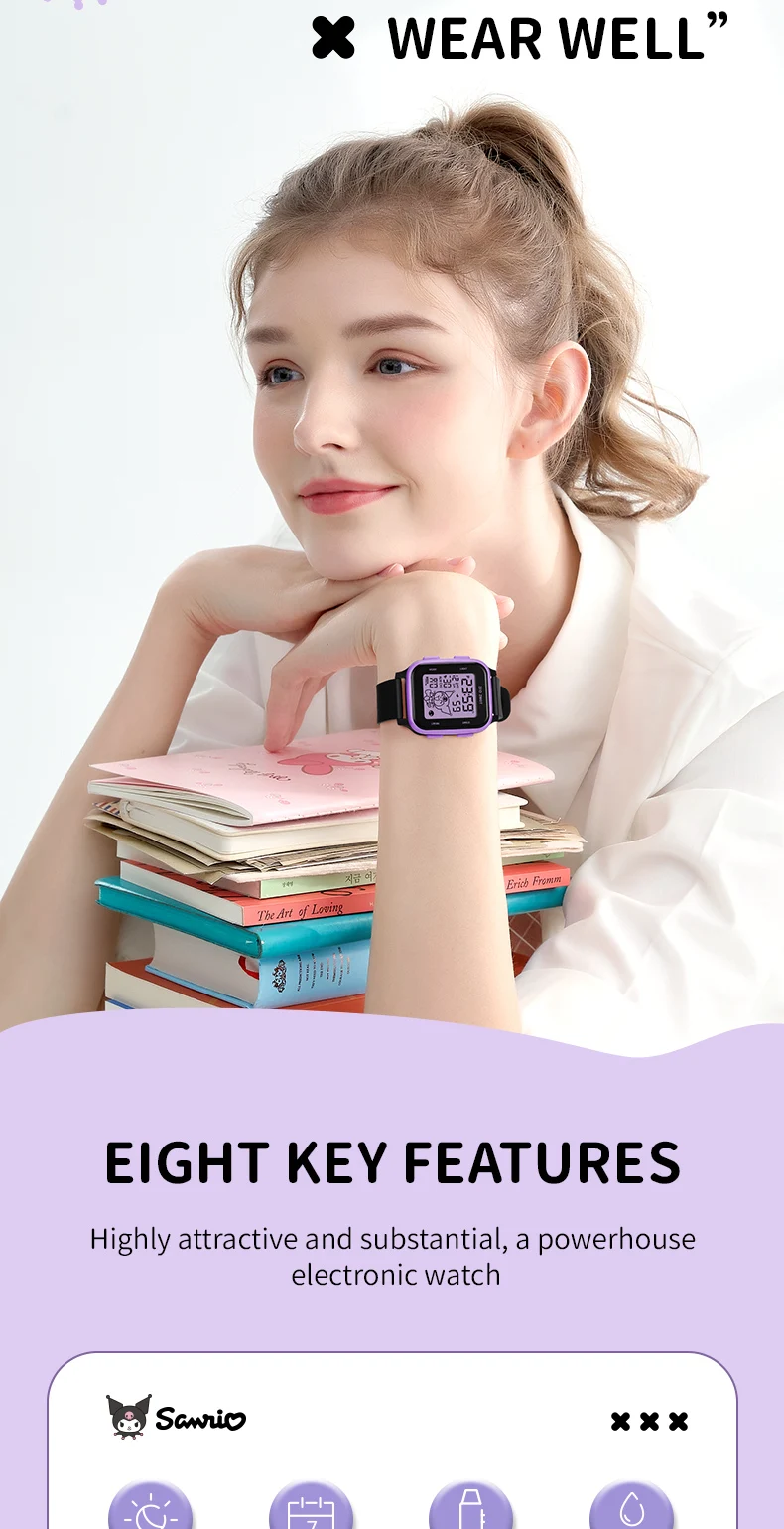 ZGO  Sanrio Kuromi Kids digital watch For girls Square Sporty Waterproof Electronic watch Alarm clock Gift 878