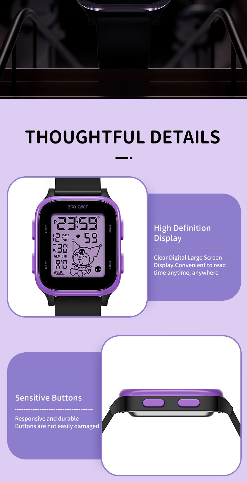 ZGO  Sanrio Kuromi Kids digital watch For girls Square Sporty Waterproof Electronic watch Alarm clock Gift 878