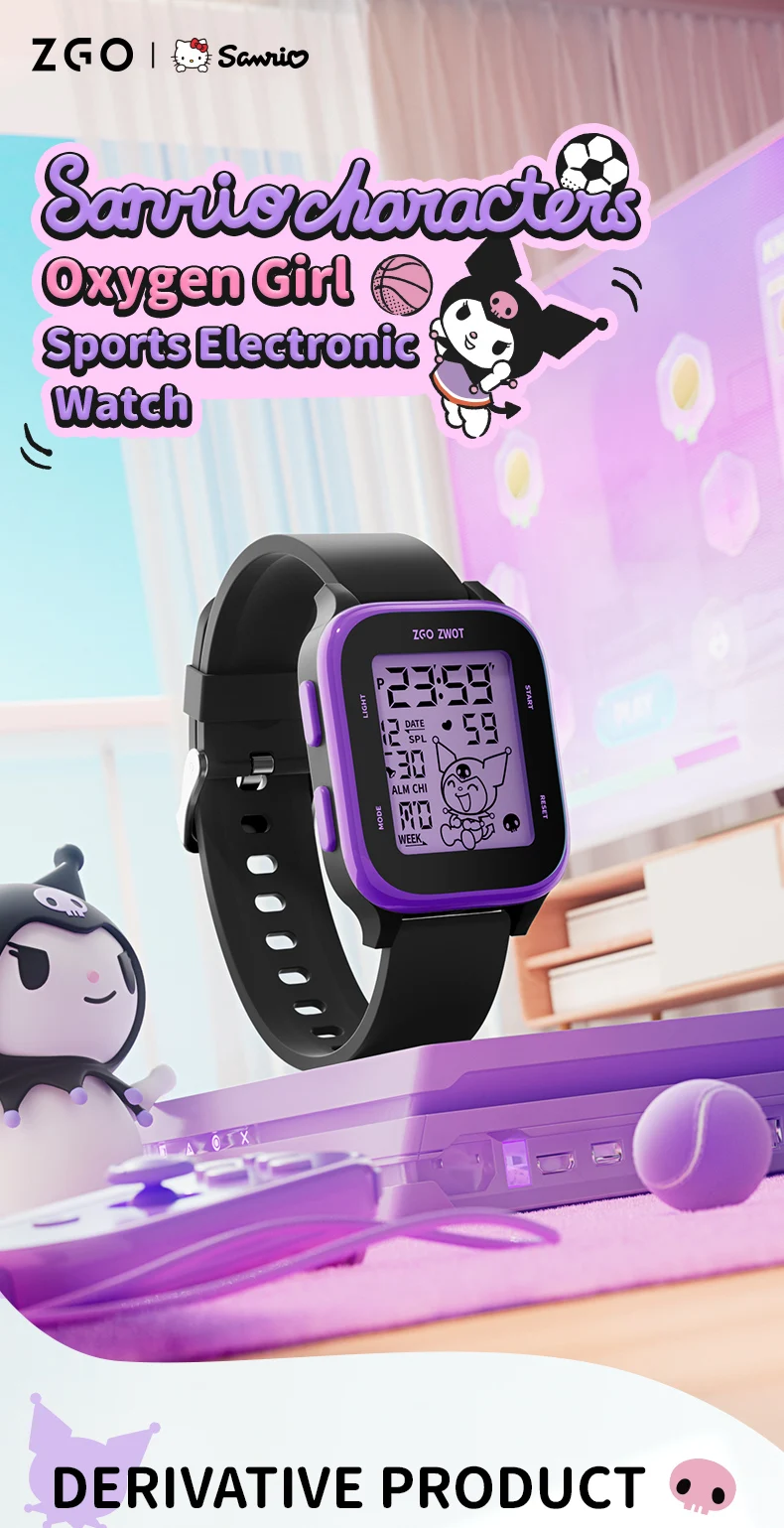 ZGO  Sanrio Kuromi Kids digital watch For girls Square Sporty Waterproof Electronic watch Alarm clock Gift 878