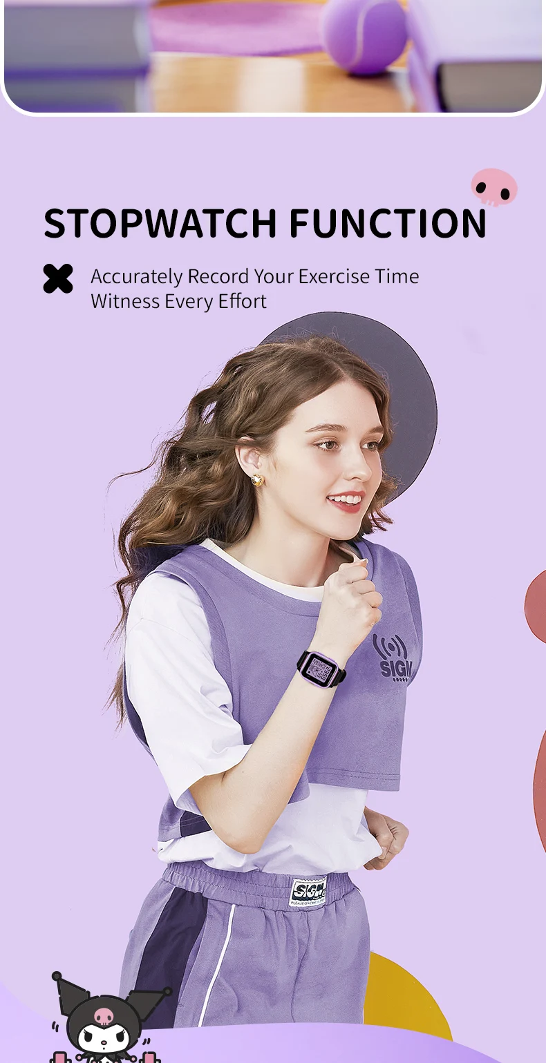 ZGO  Sanrio Kuromi Kids digital watch For girls Square Sporty Waterproof Electronic watch Alarm clock Gift 878
