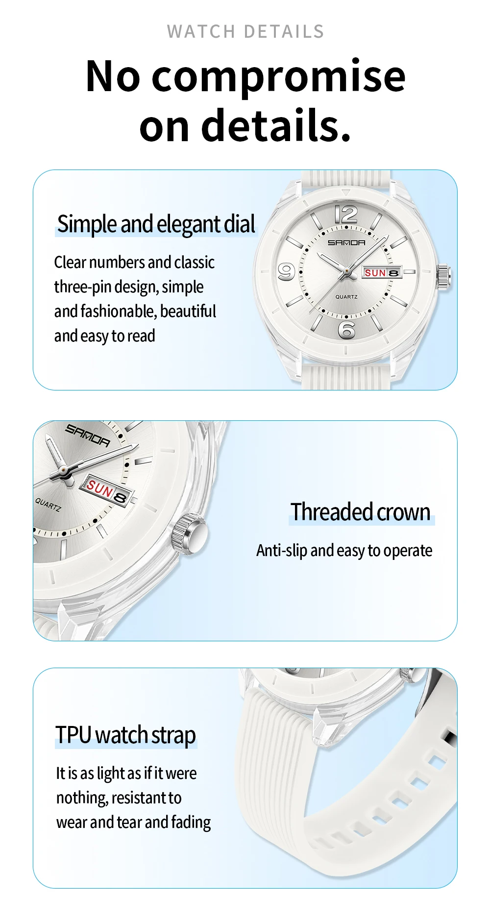 SANDA New 6287 Male And Female Students Leisure Exam Quartz Watch Night Light Waterproof Double Calendar Quartz Watch