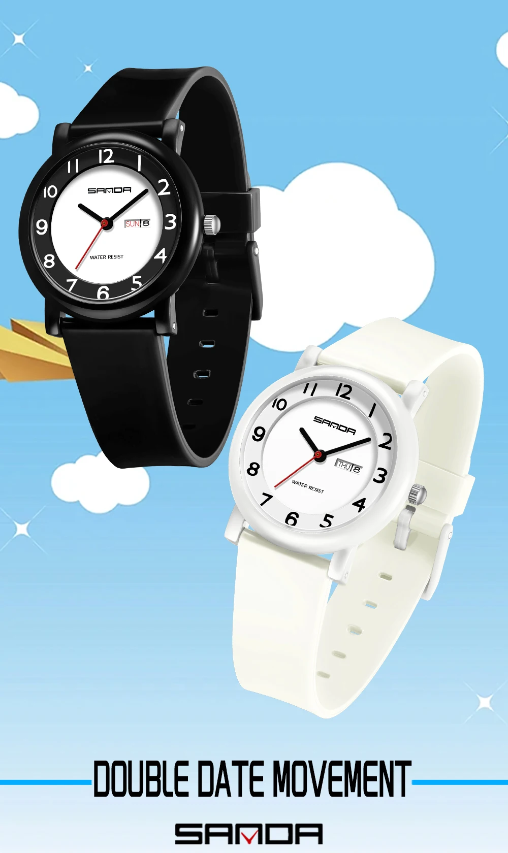SANDA 3325 Fashion Children's Quartz Watch Dual Calendar Display Waterproof Simple Fashion Children's Quartz Watch