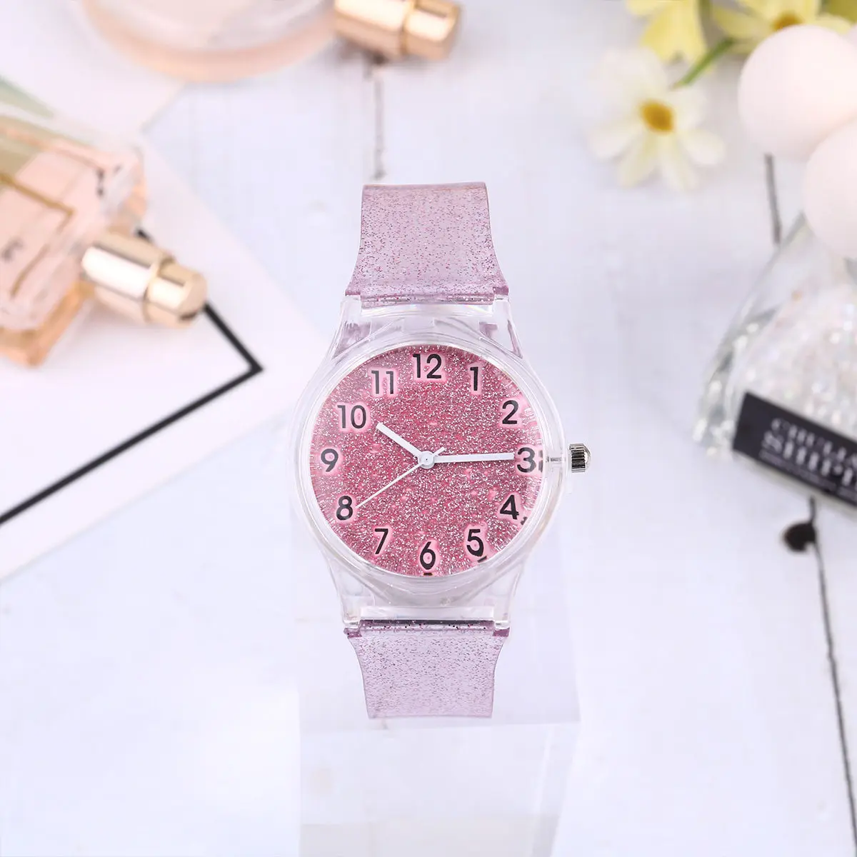 Pink Kids Transparent Glitter Silicone Wristwatch Creative Cool Adjustable Strap Children Watch Shiny Kids Watch