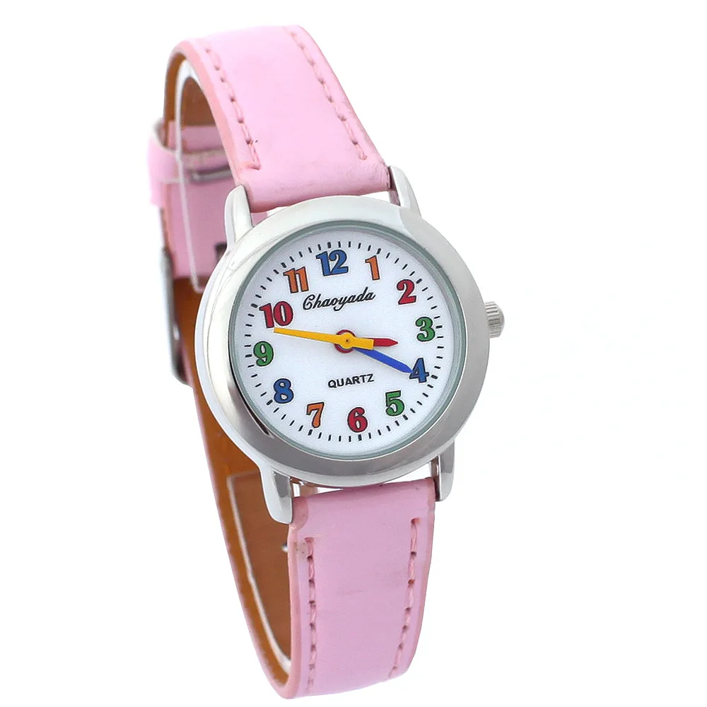 Colorful Dial Leather Watch 10 Colors Cute Lovely Quartz Wristwatch for Girls Boys Women Kids Cartoon Design Student Gift