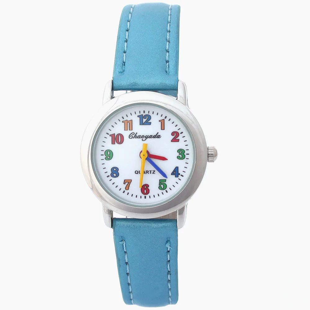 Colorful Dial Leather Watch 10 Colors Cute Lovely Quartz Wristwatch for Girls Boys Women Kids Cartoon Design Student Gift