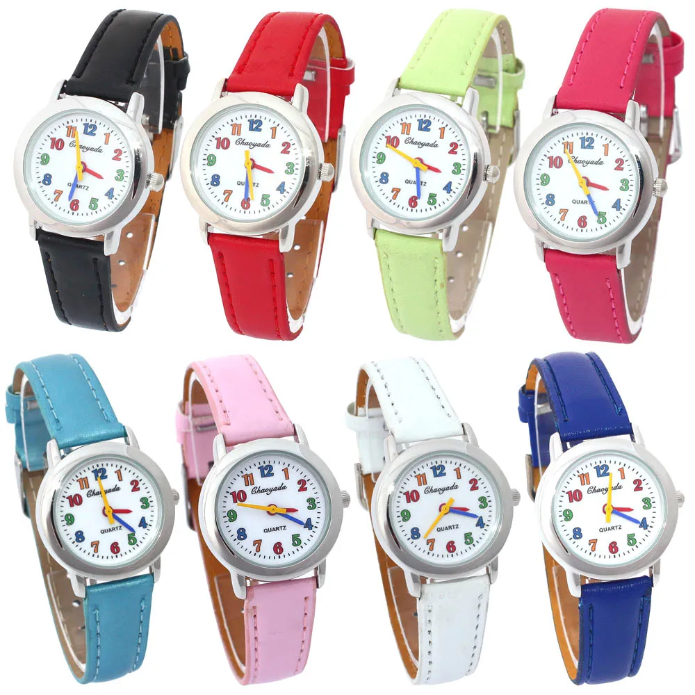 Colorful Dial Leather Watch 10 Colors Cute Lovely Quartz Wristwatch for Girls Boys Women Kids Cartoon Design Student Gift
