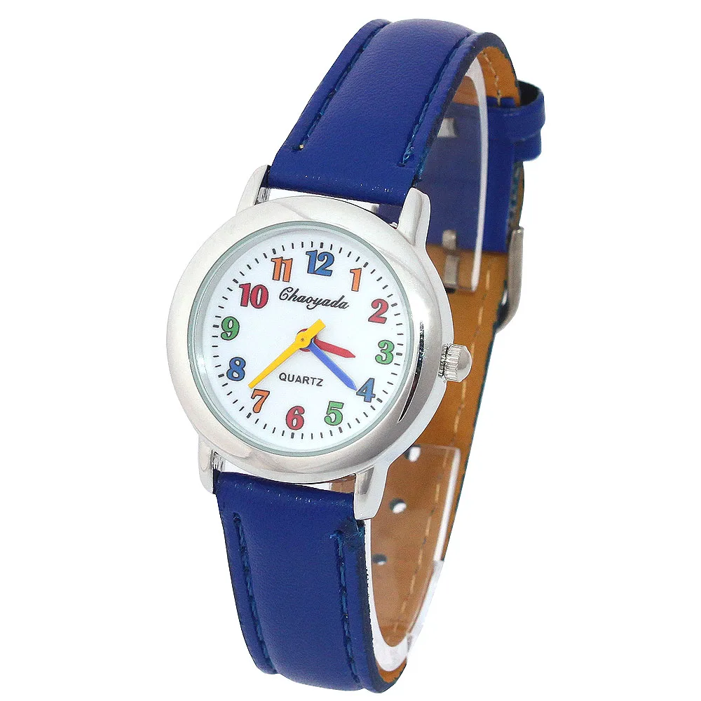 Colorful Dial Leather Watch 10 Colors Cute Lovely Quartz Wristwatch for Girls Boys Women Kids Cartoon Design Student Gift
