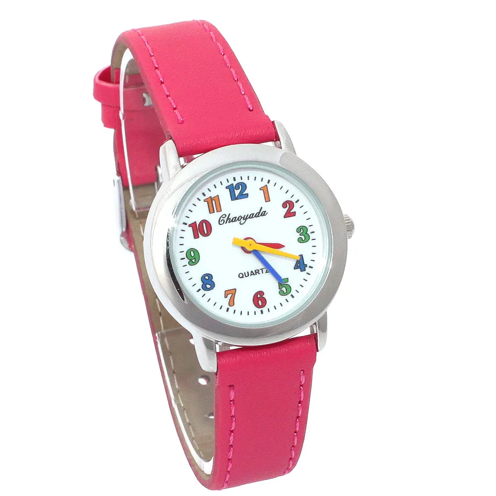 Colorful Dial Leather Watch 10 Colors Cute Lovely Quartz Wristwatch for Girls Boys Women Kids Cartoon Design Student Gift