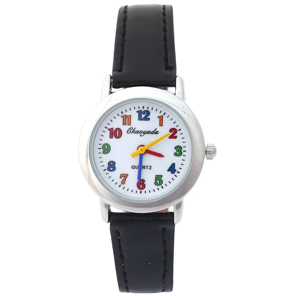 Colorful Dial Leather Watch 10 Colors Cute Lovely Quartz Wristwatch for Girls Boys Women Kids Cartoon Design Student Gift