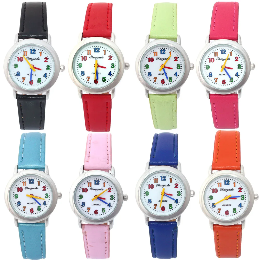 Colorful Dial Leather Watch 10 Colors Cute Lovely Quartz Wristwatch for Girls Boys Women Kids Cartoon Design Student Gift