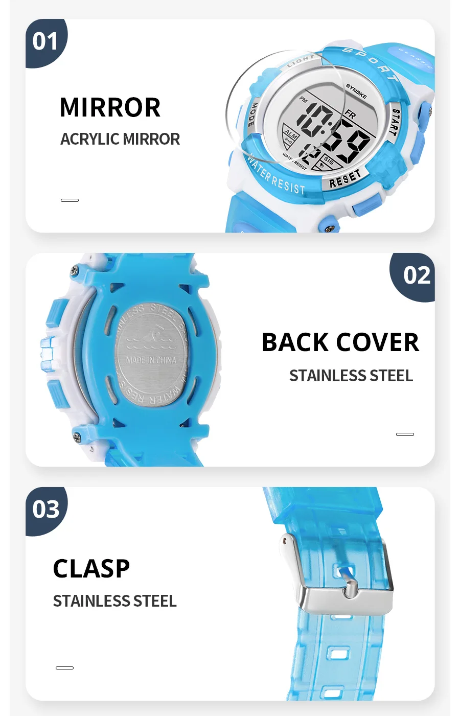 Synoke Kids Digital Watches Colorful Light PU Strap 50M Waterproof Led Sport's Children Wristwatch Boy Girl Alarm Clock