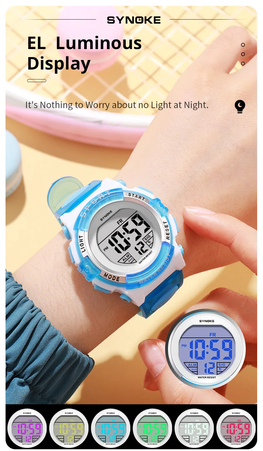 Synoke Kids Digital Watches Colorful Light PU Strap 50M Waterproof Led Sport's Children Wristwatch Boy Girl Alarm Clock