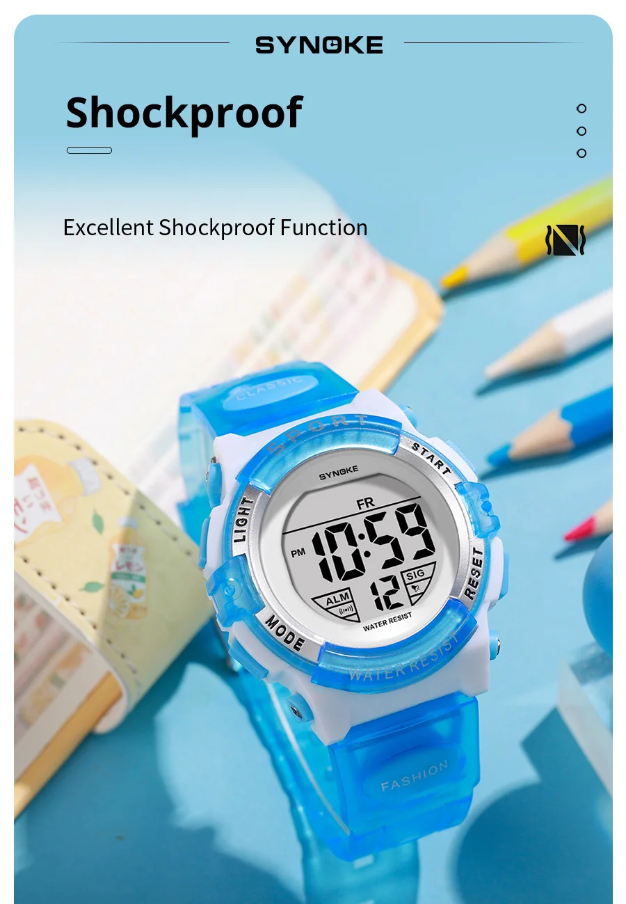 Synoke Kids Digital Watches Colorful Light PU Strap 50M Waterproof Led Sport's Children Wristwatch Boy Girl Alarm Clock
