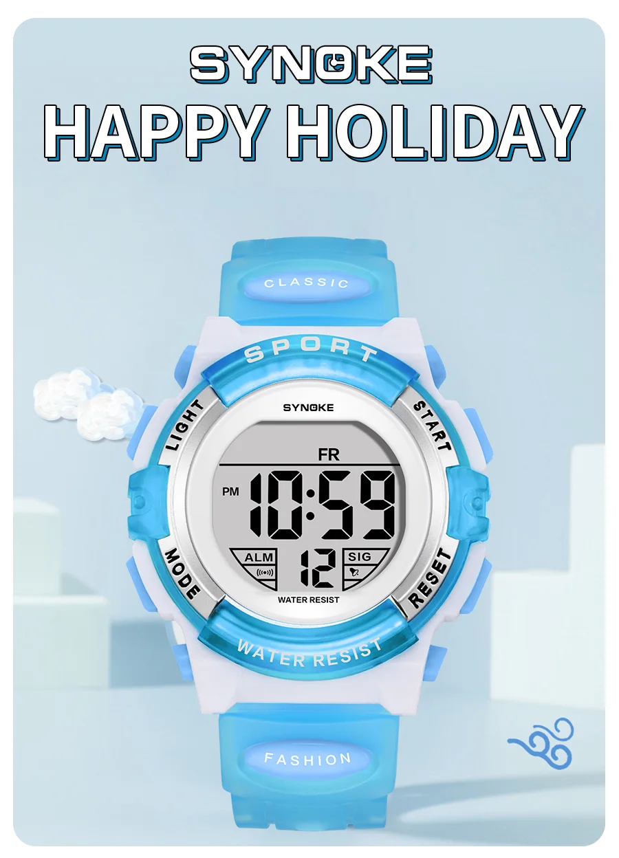 Synoke Kids Digital Watches Colorful Light PU Strap 50M Waterproof Led Sport's Children Wristwatch Boy Girl Alarm Clock
